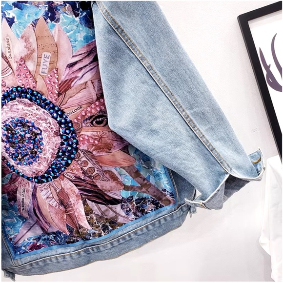 Boho Floral Print Beaded Distressed Denim Jean Jacket - Picture 5 of 10